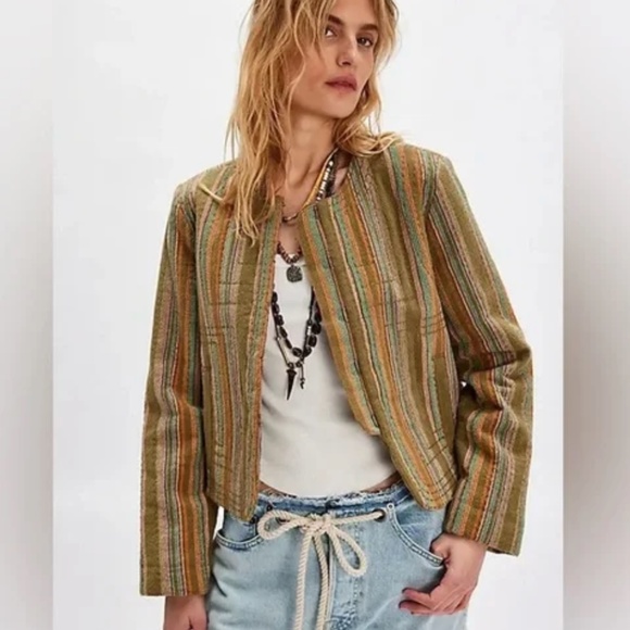 Free People M Medium Zandi woven quilted boxy cropped jacket multi stripe nwt - Picture 4 of 8